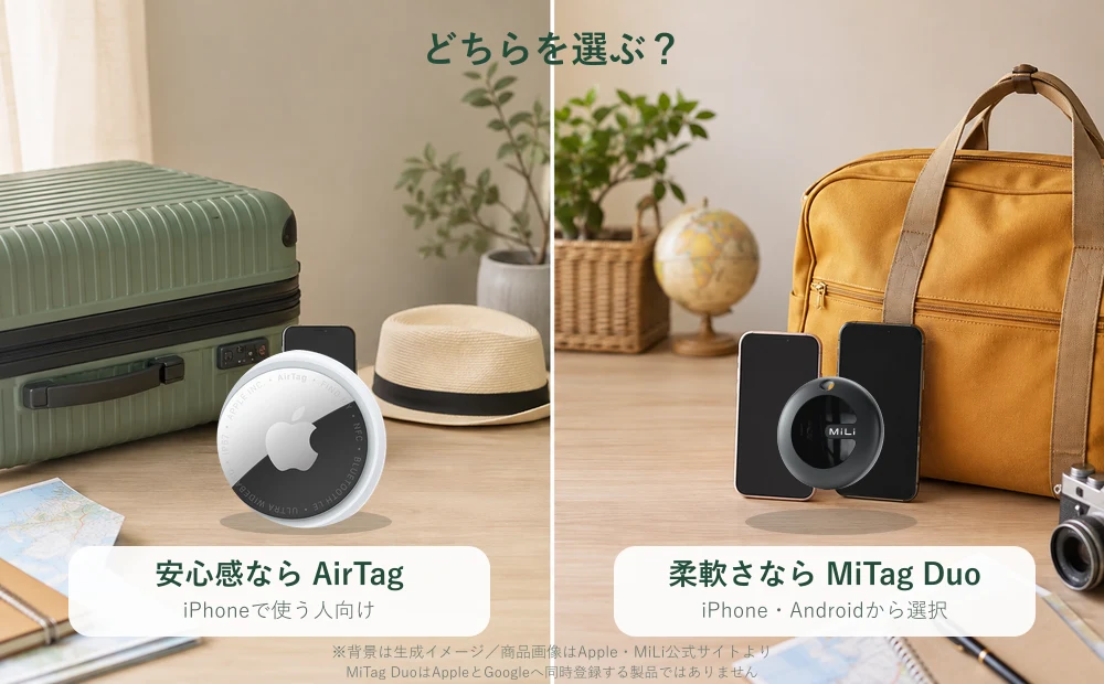 生成した旅行背景にAppleとMiLiの公式商品画像を合成し、AirTagとMiTag Duoの選び方を比較した図