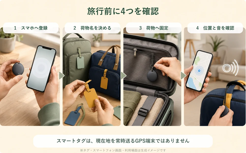 スマートタグをスマホへ登録し、荷物へ固定して位置と音を確認する流れを生成イメージで示した図