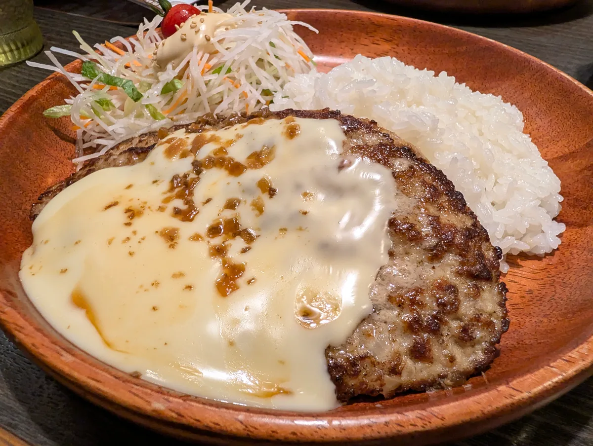 白いチーズソースがかかったフォンデュ風チーズバーグディッシュ