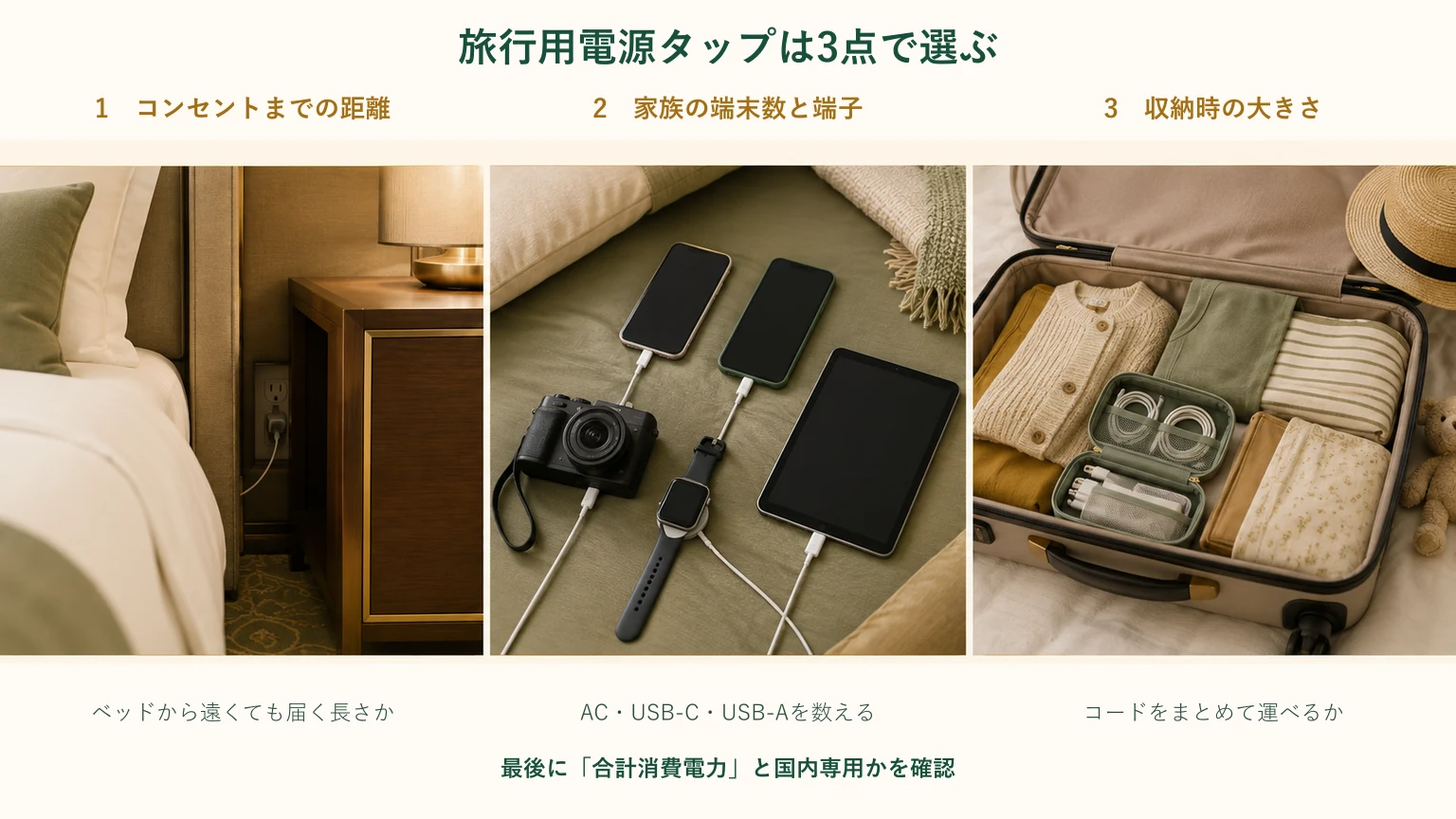 ホテルのコンセントまでの距離、家族の端末数と端子、収納時の大きさから旅行用電源タップを選ぶ図解