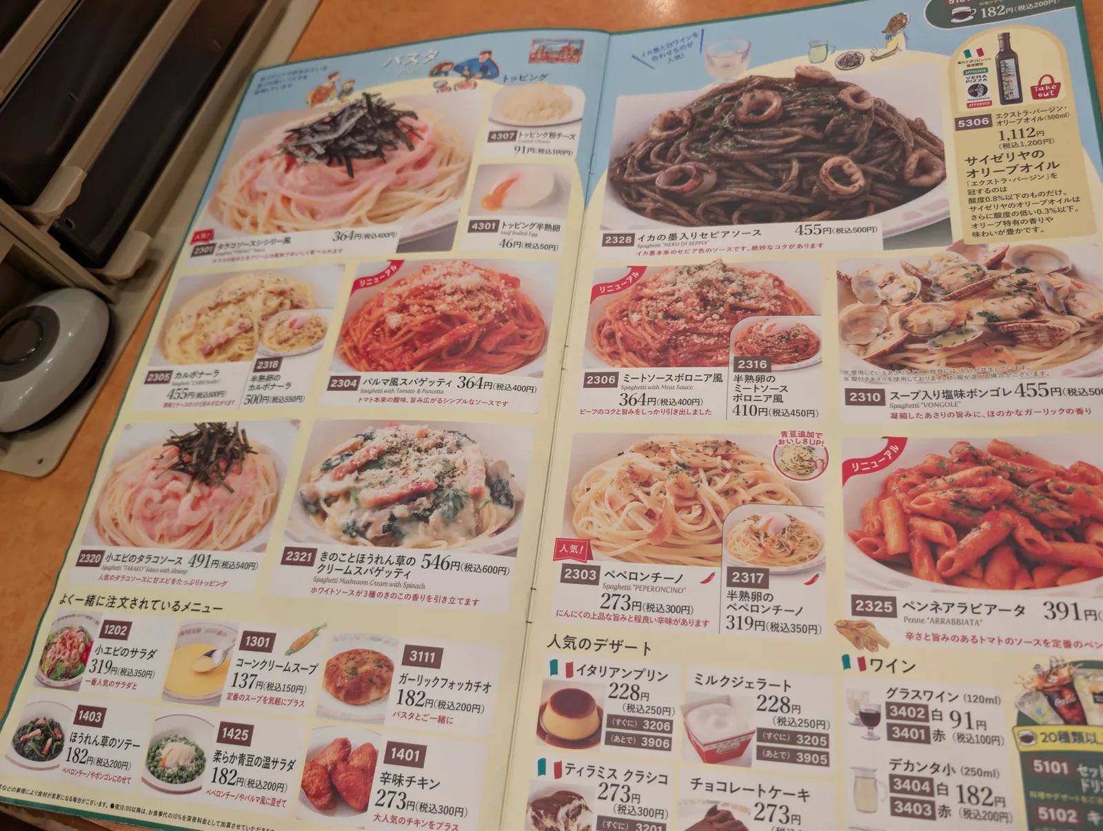 サイゼリヤのパスタメニュー
