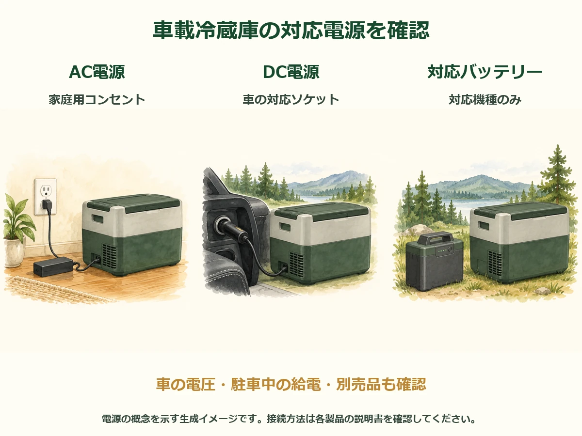 家庭用AC、車載用DC、対応バッテリーの3つを独立した利用場面として示した車載冷蔵庫の電源図解
