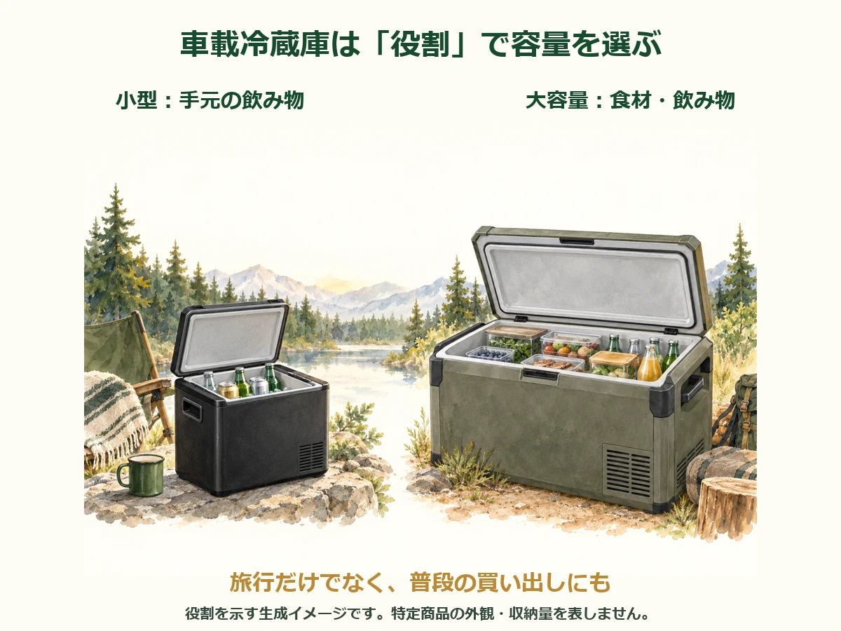 小型は手元の飲み物、大容量は旅行やキャンプの食材と飲み物に使い分ける図解。特定商品の収納量を示すものではありません