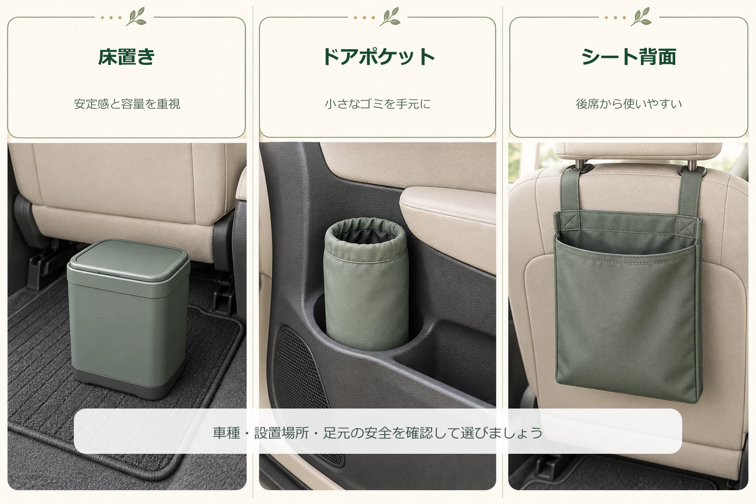 床置き、ドアポケット、シート背面という車用ゴミ箱の設置場所3種類を示すイメージ図
