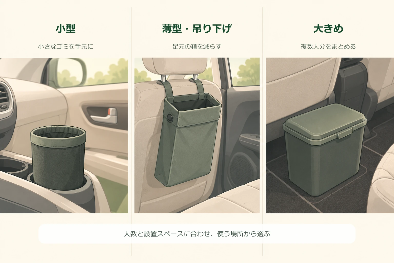 ドリンクホルダー用、シートに掛ける薄型、床に置く大きめの車用ゴミ箱を用途別に並べたイメージ図
