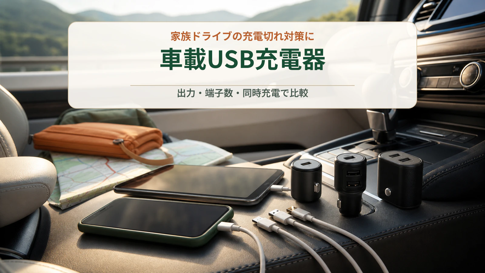 家族ドライブ用のスマートフォンとタブレット、3種類の車載USB充電器を並べた生成イメージ