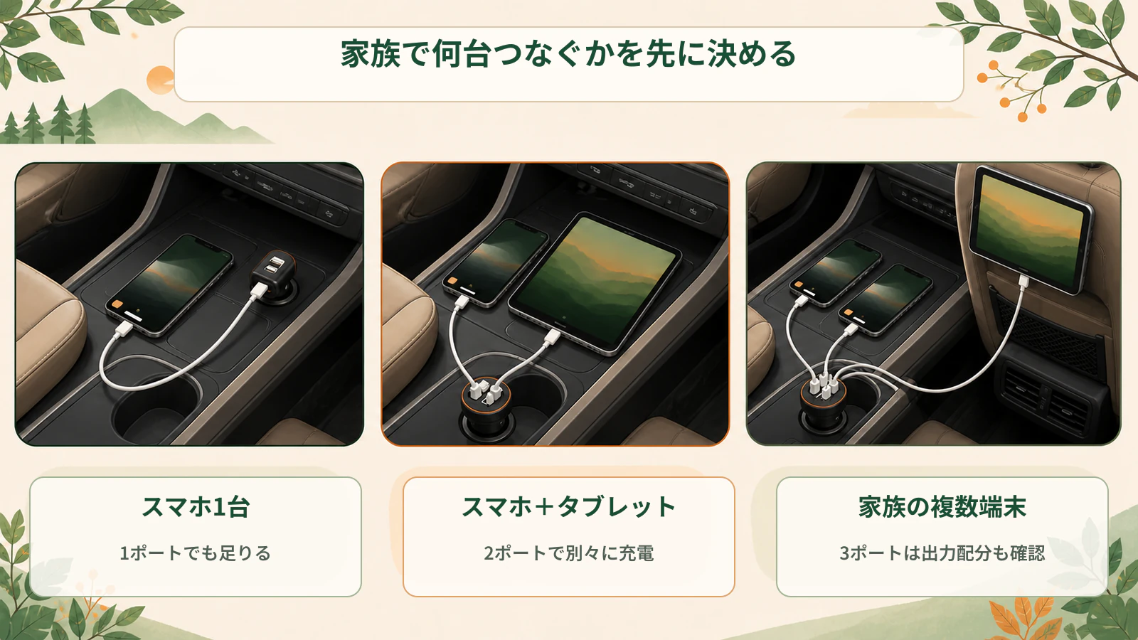 スマホ1台、スマホとタブレット、家族の複数端末で必要なポート数を比べる生成図解