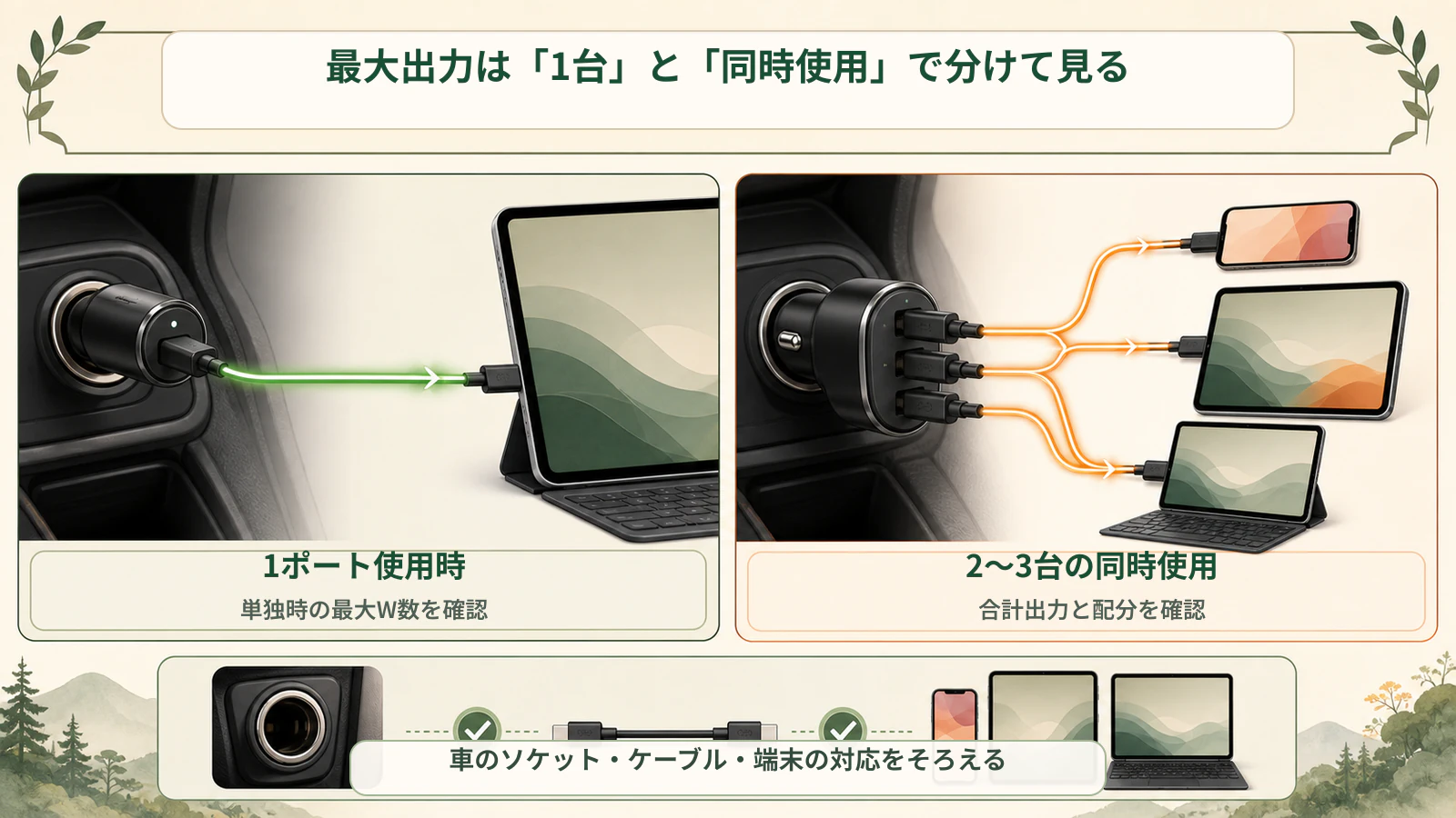 車載USB充電器を1ポートで使う場合と複数台で同時使用する場合の出力配分を比べる生成図解