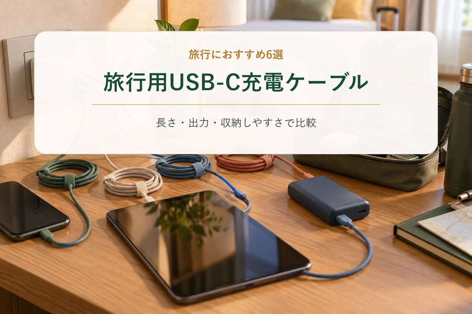 ホテルの机で家族のスマートフォンやタブレットを充電する複数のUSB-Cケーブル