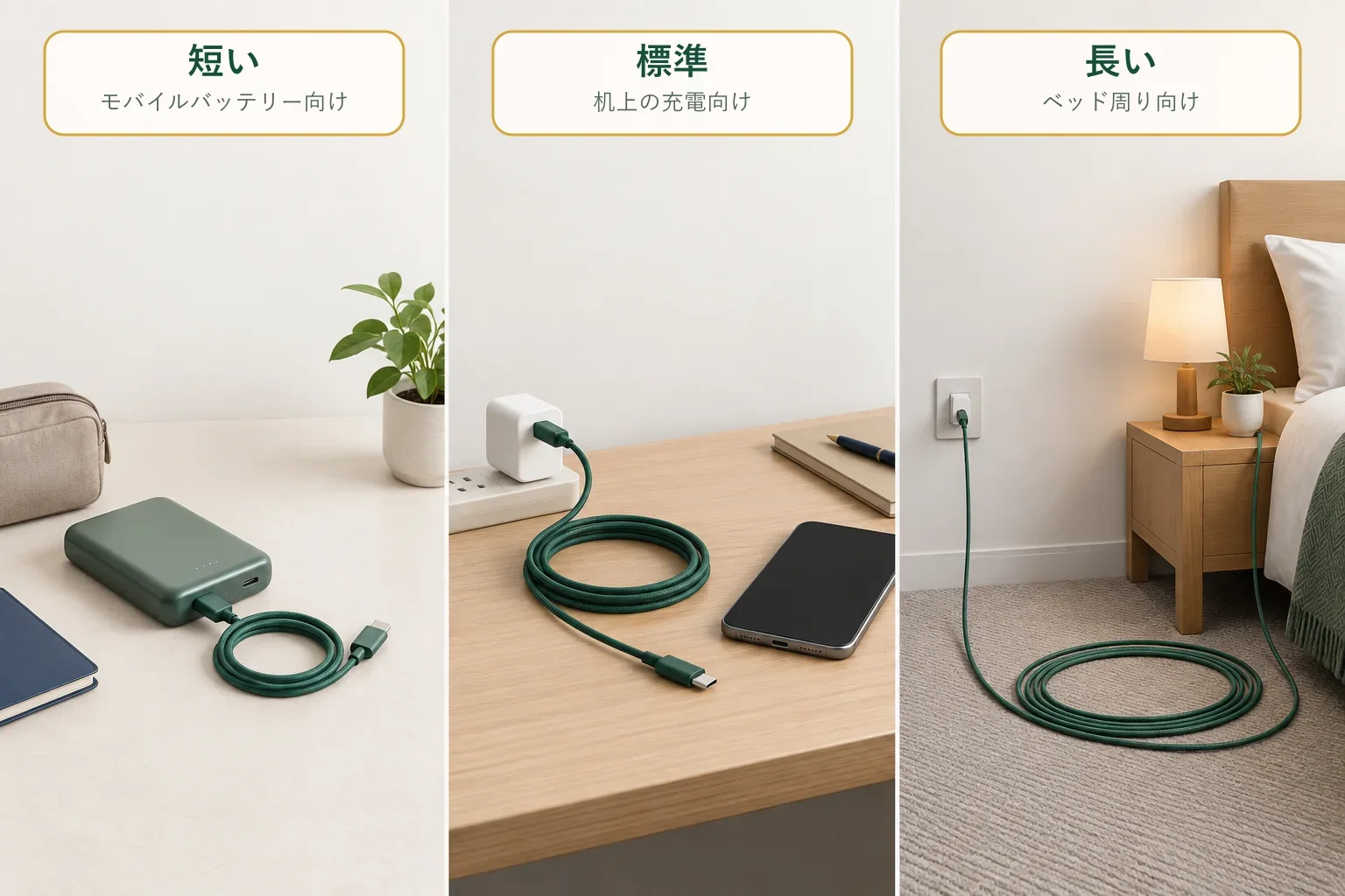 短い・標準・長いUSB-C充電ケーブルを旅行中の使用場所で選ぶ図解