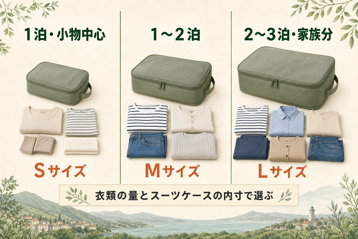 旅行日数と衣類の量からS・M・Lの圧縮ポーチを選ぶ目安
