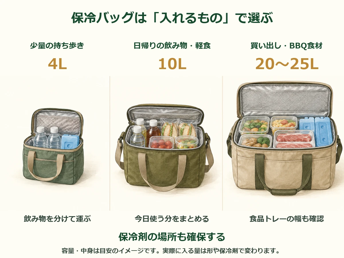 少量の持ち歩きは4L、日帰りは10L、買い出しは20〜25Lを候補にし、保冷剤の場所も確保する容量選びの図解