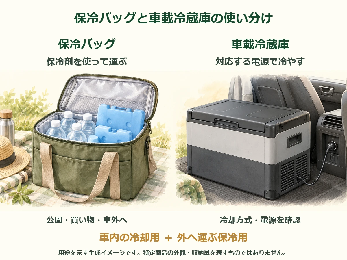 保冷バッグは保冷剤を使って車外へ持ち運び、車載冷蔵庫は対応する電源で冷やすという役割の違いを示した図解