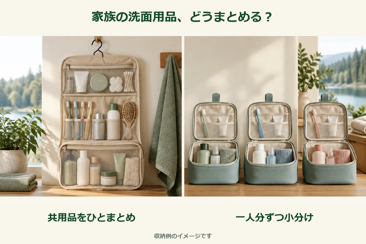 家族の共用品を一つにまとめる方法と、一人分ずつ小分けにする方法の比較