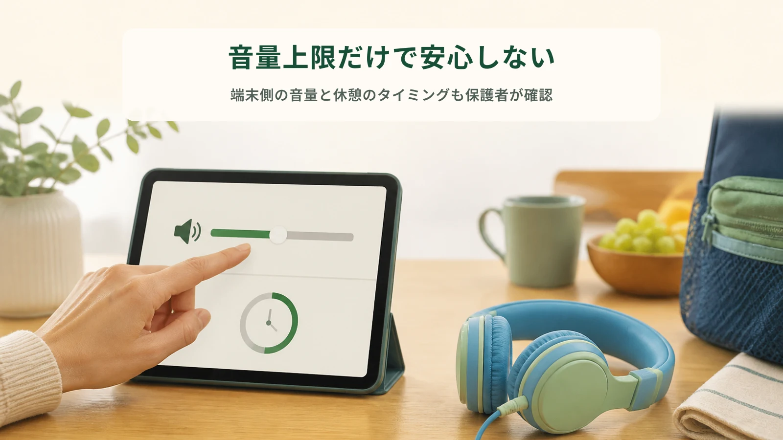 保護者がタブレットの音量と休憩時間を確認する生成イメージ