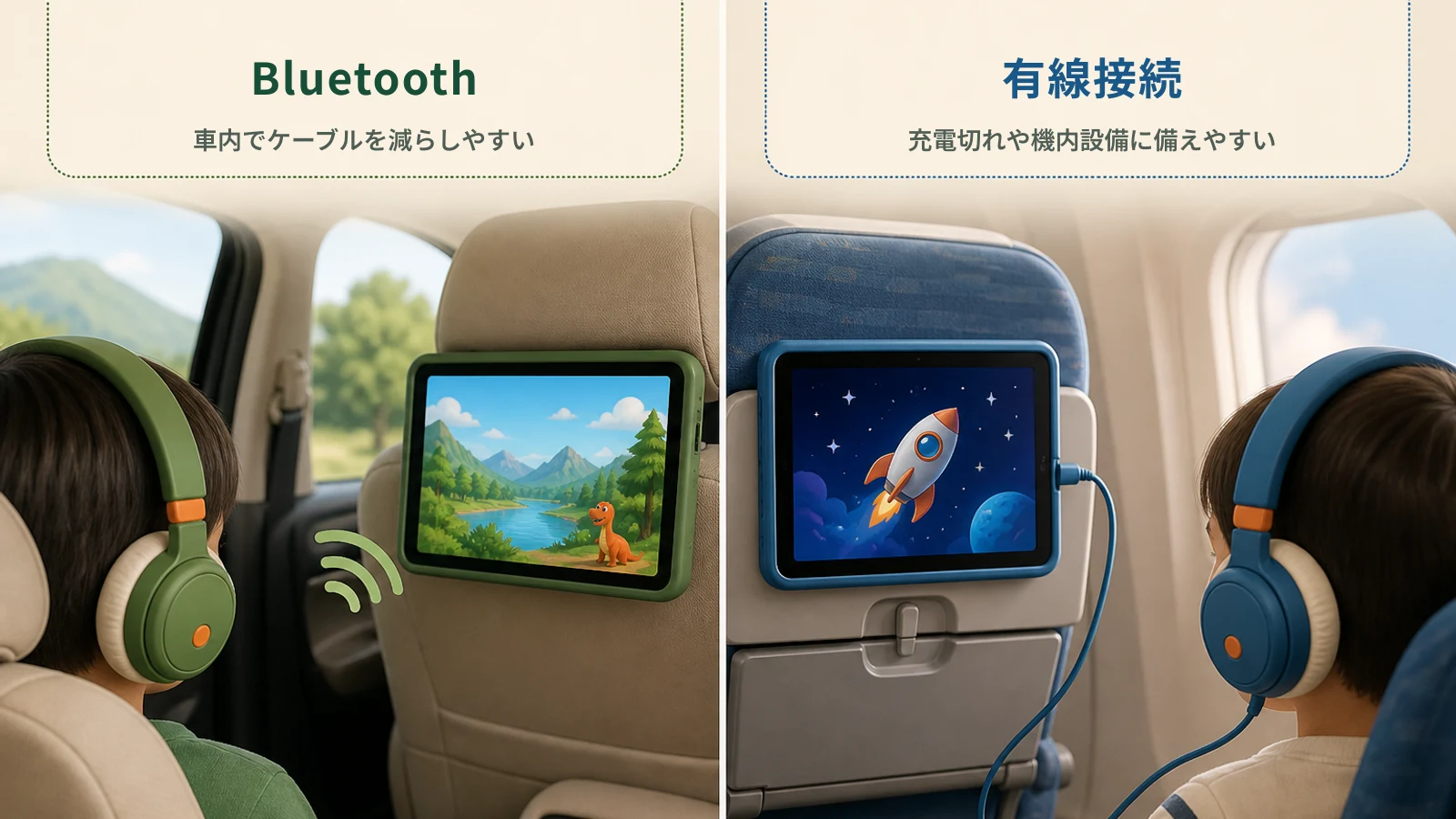 車内のBluetooth接続と機内の有線接続を比べる生成イメージ
