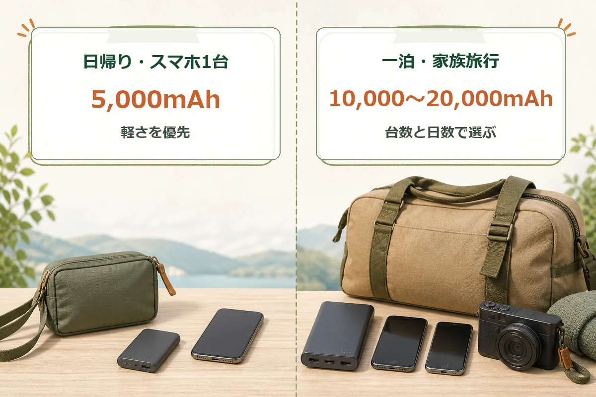 日帰りと家族旅行で選ぶモバイルバッテリー容量の目安