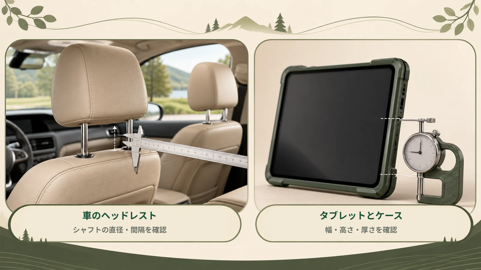 車のヘッドレストシャフトの間隔と、ケースを付けたタブレットの寸法を確認する生成図解