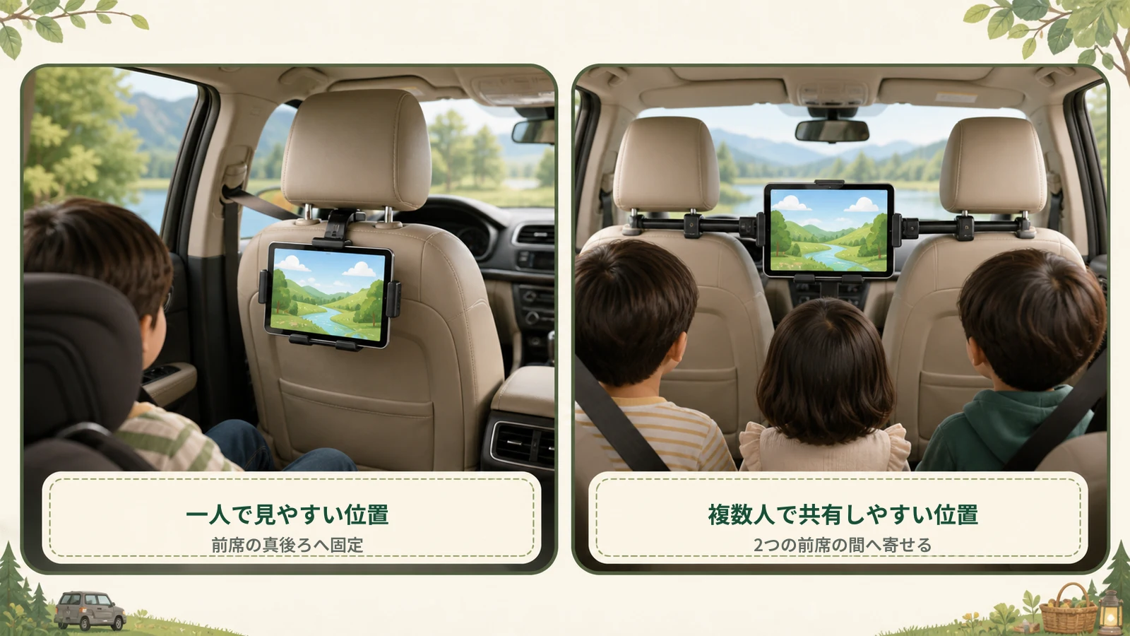 一人用と子ども3人で共有する場合の後部座席タブレット設置位置を示す生成図解