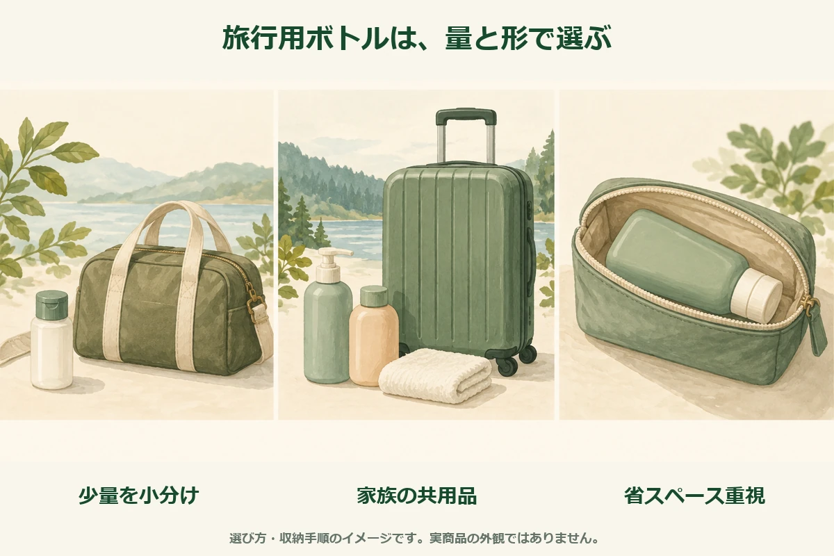 少量の小分け、家族の共用品、省スペース重視の3つから旅行用ボトルを選ぶ図解