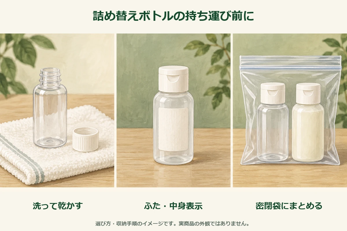 容器を洗って乾かし、ふたと中身の表示を確認してから密閉袋にまとめる手順の図解