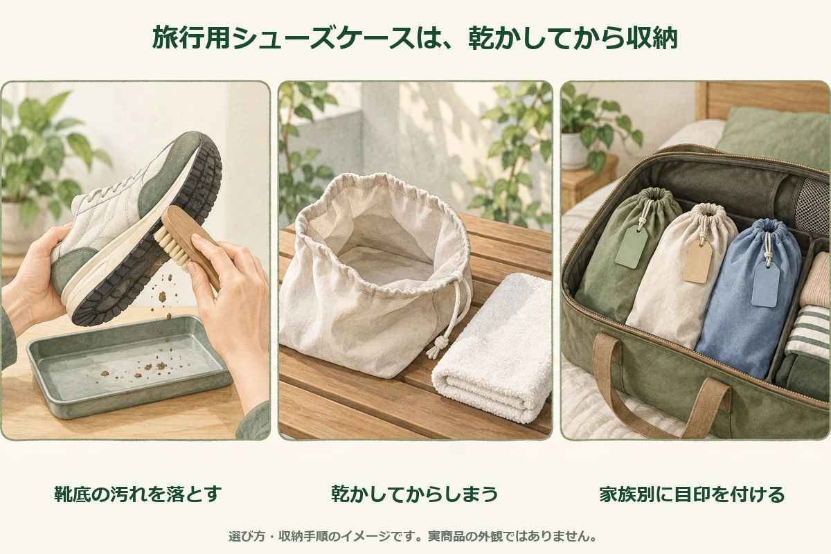 靴底の汚れを落とし、使用後はケースを乾かし、家族別の目印でまとめる管理の図解