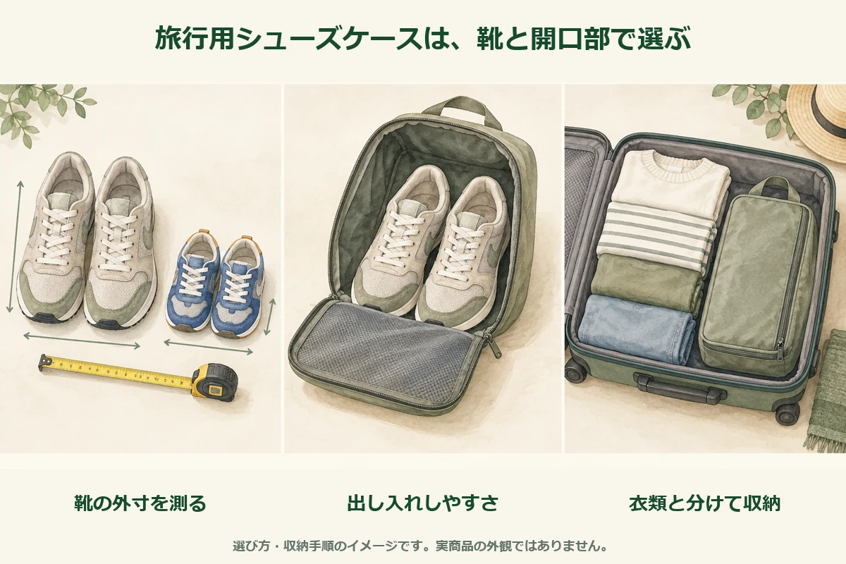靴の実寸を測り、開口部を確認し、衣類と分けてバッグへ収めるシューズケース選びの図解