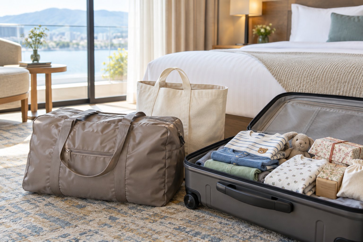 ホテルのベッドに置いた旅行用ボストンバッグとトートバッグ、開いたスーツケース