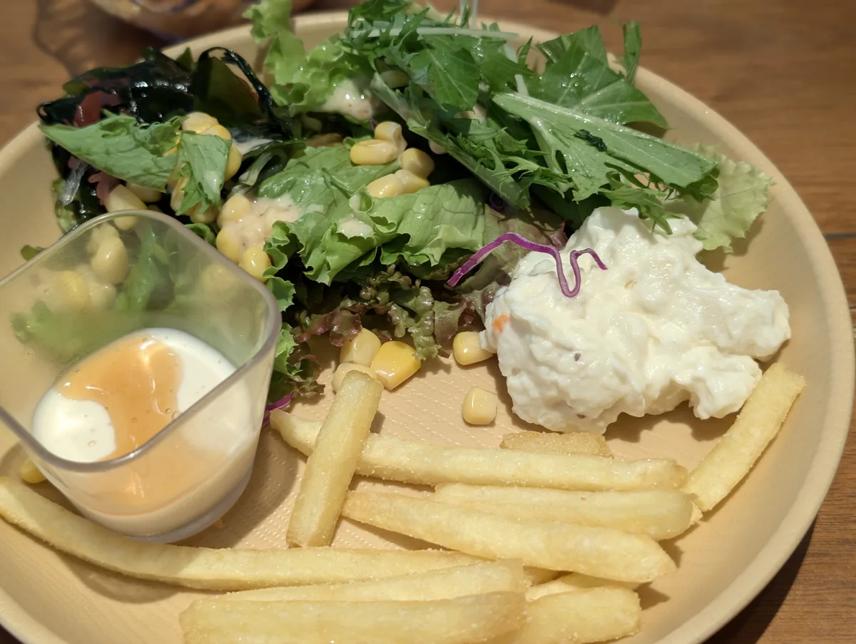 サラダとフライドポテトを盛り付けたプレート
