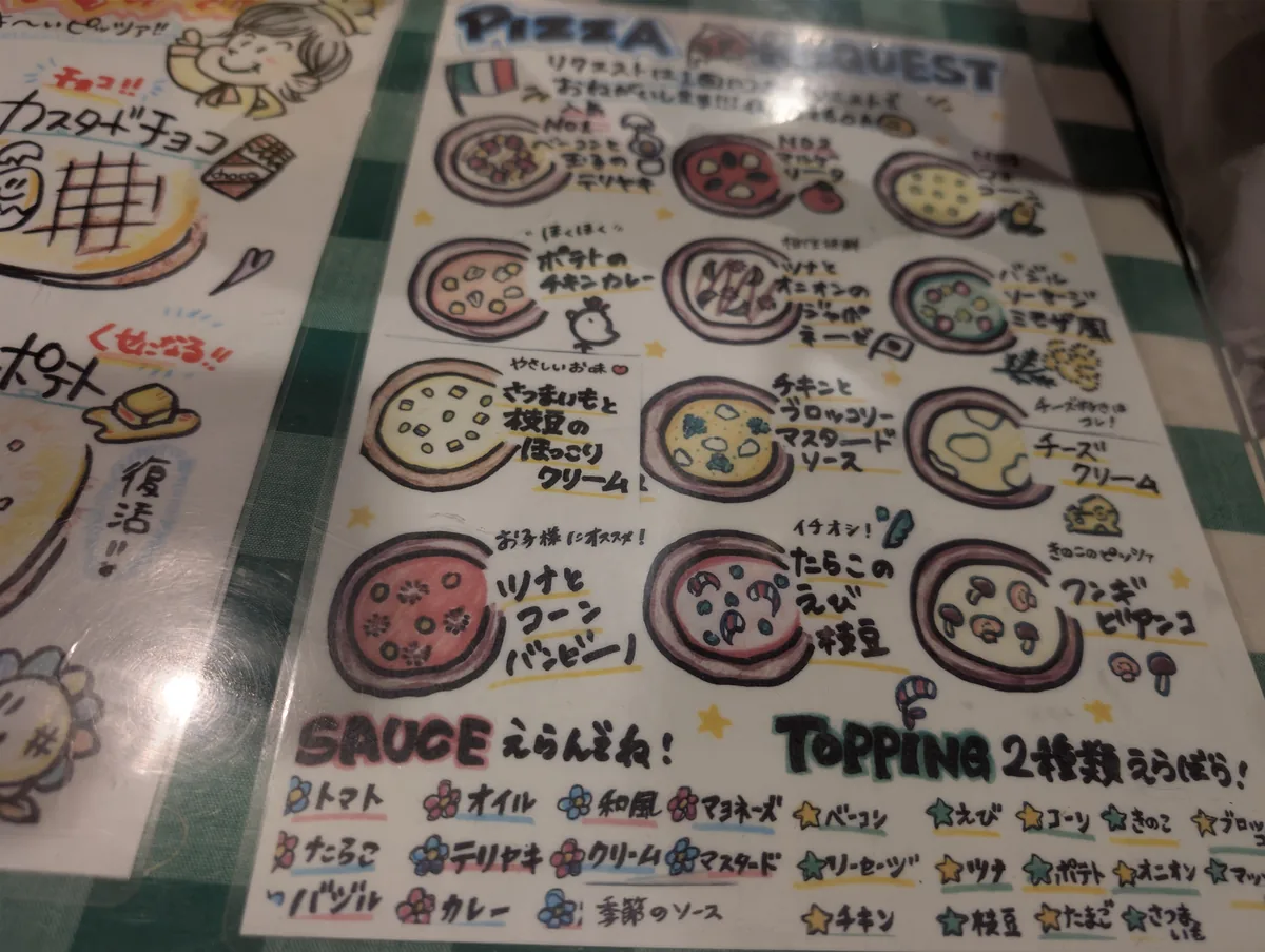 ピッツァのトッピングを選ぶメニュー